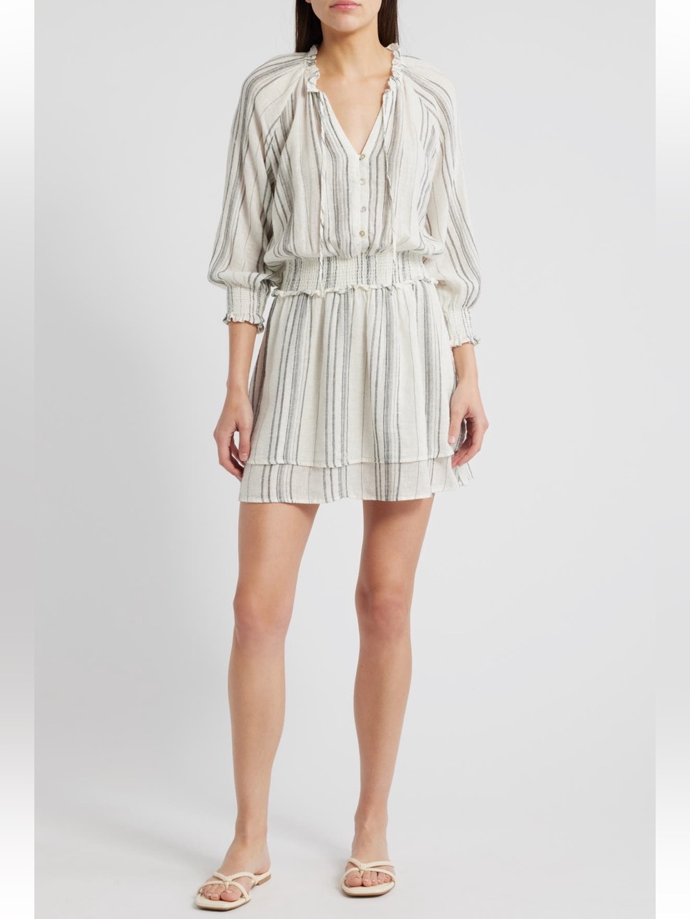 Rails Crystal Basque Stripe Smocked Waist Linen Blend Blouson Dress sz Small NWT